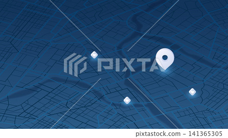 Dark blue map interface with large white location pin and glowing markers on street grid background Dark blue map interface with large white location pin and glowing markers on street grid background 141365305