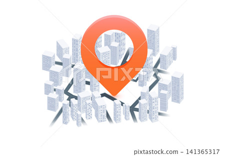 Abstract pin icon on the city map with houses. Transportation delivery, Locator position point. GPS tracking system to navigate. Location vector illustration on white background Abstract pin icon on the city map with houses. Transportation delivery, Locator position point. GPS tracking system to navigate. Location vector illustration on white background 141365317