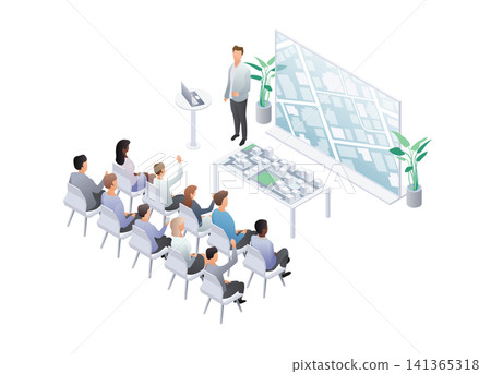 Isometric meeting presentation of building house. Team planning project and making presentation at meeting. House Layout. Male and female characters sitting. Vector illustration on white background Isometric meeting presentation of building house. Team planning project and making presentation at meeting. House Layout. Male and female characters sitting. Vector illustration on white background 141365318