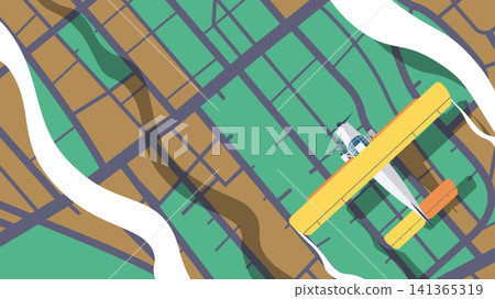 Plane flying over the ground in the clouds. Top view of airplane flying above city map. Traveling on airplane View from above. Vector illustration of plane flying over an urban landscape. Plane flying over the ground in the clouds. Top view of airplane flying above city map. Traveling on airplane View from above. Vector illustration of plane flying over an urban landscape. 141365319
