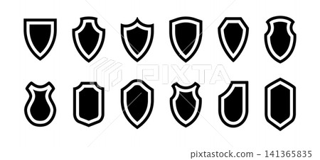 Set of minimal shield icons in black and white. A collection of vector shield shapes with bold outlines and unique silhouettes, perfect for contemporary and modern designs. High-quality illustration Set of minimal shield icons in black and white. A collection of vector shield shapes with bold outlines and unique silhouettes, perfect for contemporary and modern designs. High-quality illustration 141365835