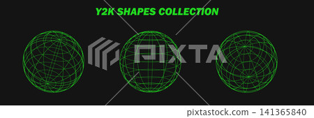 Abstract wireframes, cyberpunk elements and perspective green grids on a spheres. Psychedelic y2k shapes. Rave vector elements or trendy psychedelic signs. Surreal geometric retro futuristic set. Abstract wireframes, cyberpunk elements and perspective green grids on a spheres. Psychedelic y2k shapes. Rave vector elements or trendy psychedelic signs. Surreal geometric retro futuristic set. 141365840