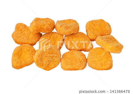 Fast food. Breaded chicken fingers sticks isolated on a white background. Orange nuggets. Home cooking. Top view. Fast food. Breaded chicken fingers sticks isolated on a white background. Orange nuggets. Home cooking. Top view. 141366478