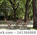 A quiet park with garden tables and chairs lined up in the shade of the trees. 141366866