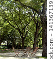 Garden tables and chairs in the shade of trees: A resting place in a summer park. 141367139