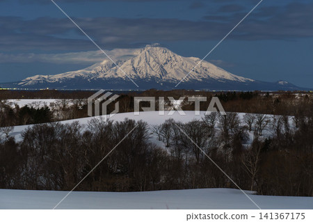 A breathtaking winter landscape of the snow-covered plains of northern Hokkaido, illuminated by moonlight, creating a fantastical scene. 141367175