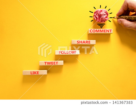 Like tweet follow share comment symbol. Concept words Like tweet follow share comment on beautiful wooden blocks. Beautiful yellow background. Like tweet follow share comment concept. Copy space. Like tweet follow share comment symbol. Concept words Like tweet follow share comment on beautiful wooden blocks. Beautiful yellow background. Like tweet follow share comment concept. Copy space. 141367383