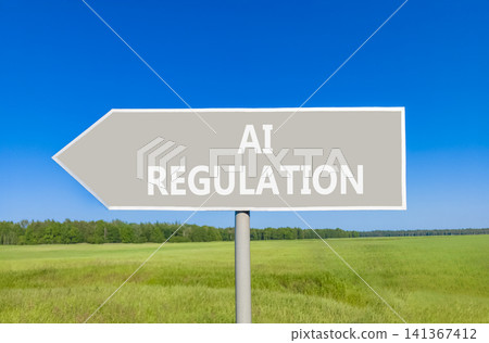 AI regulation symbol. Concept words AI artificial intelligence regulation on beautiful grey road sign. Beautiful sky background. Business AI artificial intelligence regulation concept. Copy space AI regulation symbol. Concept words AI artificial intelligence regulation on beautiful grey road sign. Beautiful sky background. Business AI artificial intelligence regulation concept. Copy space 141367412