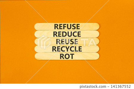 Refuse reduce reuse recycle rot symbol. Concept words Refuse reduce reuse recycle rot on beautiful wooden sticks. Beautiful orange background. Refuse reduce reuse recycle rot concept. Copy space. Refuse reduce reuse recycle rot symbol. Concept words Refuse reduce reuse recycle rot on beautiful wooden sticks. Beautiful orange background. Refuse reduce reuse recycle rot concept. Copy space. 141367552