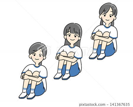 三名小學生女生盤腿而坐,排成一排。 三名小學生女生盤腿而坐,排成一排。 141367635