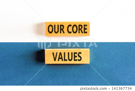 Our core values words symbol. Concept words Our core values on beautiful wooden blocks. Beautiful blue white background. Business our core values motivational support concept. Copy space. 141367734