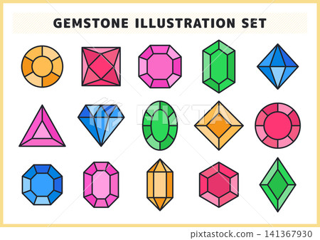 A set of illustrations of gemstones and minerals with black outlines. Colorful natural stone jewelry vector icon material. A set of illustrations of gemstones and minerals with black outlines. Colorful natural stone jewelry vector icon material. 141367930