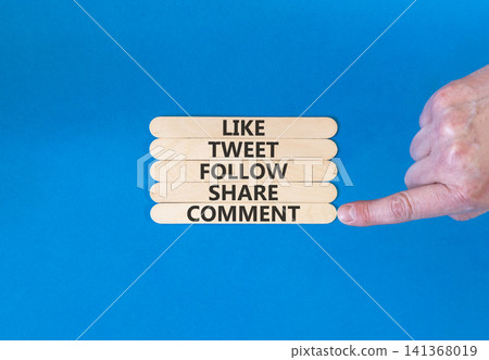 Like tweet follow share comment symbol. Concept words Like tweet follow share comment on beautiful wooden sticks. Beautiful blue background. Like tweet follow share comment concept. Copy space. Like tweet follow share comment symbol. Concept words Like tweet follow share comment on beautiful wooden sticks. Beautiful blue background. Like tweet follow share comment concept. Copy space. 141368019