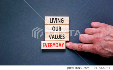 Living our values everyday words symbol. Concept words Living our values everyday on beautiful wooden blocks. Beautiful grey background. Business living our values everyday concept. Copy space. 141368084