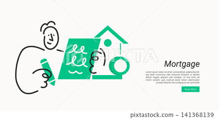 Mortgage. Doodle line character illustrating home loan agreement, property financing, mortgage application, and house purchase documentation. 141368139