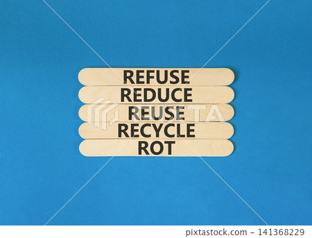Refuse reduce reuse recycle rot symbol. Concept words Refuse reduce reuse recycle rot on beautiful wooden sticks. Beautiful blue background. Refuse reduce reuse recycle rot concept. Copy space. 141368229