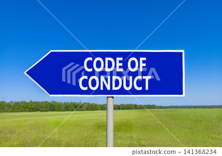 Code of conduct words symbol. Concept words Code of conduct on beautiful blue road sign. Beautiful blue sky green field background. Business Code of conduct concept. Copy space. Code of conduct words symbol. Concept words Code of conduct on beautiful blue road sign. Beautiful blue sky green field background. Business Code of conduct concept. Copy space. 141368234