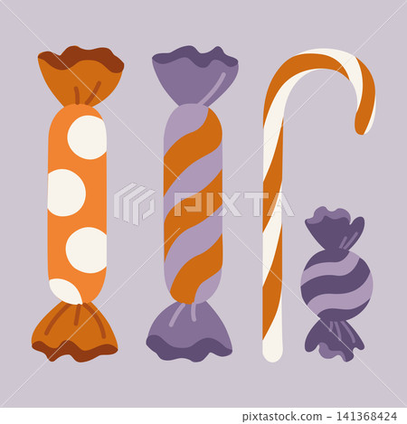 Hand-drawn Halloween candy set with lollipops, sweets, candy cane for trick or treat bucket and seasonal party decor or packaging Hand-drawn Halloween candy set with lollipops, sweets, candy cane for trick or treat bucket and seasonal party decor or packaging 141368424