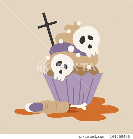 Hand-drawn Halloween scary cupcake with bloody severed zombie finger, grave cross and skull for seasonal party decor or packaging Hand-drawn Halloween scary cupcake with bloody severed zombie finger, grave cross and skull for seasonal party decor or packaging 141368426