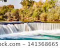 wide waterfall on river, blurred movement of water, long exposure 141368665