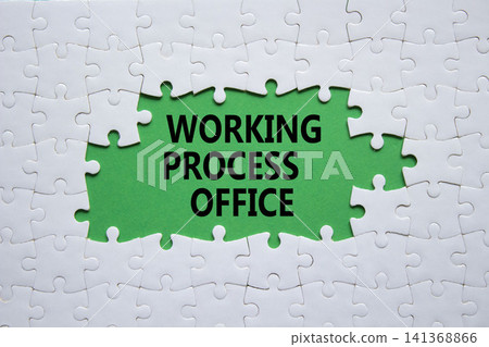 Working Process Office symbol. White puzzle with words Working Process Office. Beautiful green background. Business concept. Copy space. Working Process Office symbol. White puzzle with words Working Process Office. Beautiful green background. Business concept. Copy space. 141368866