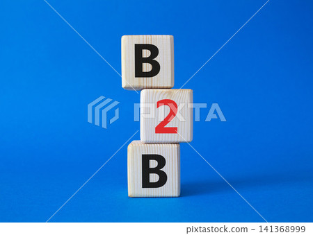 B2B, business to business marketing symbol. Concept word B2B on wooden blocks. Beautiful blue background. Business and B2B concept. Copy space B2B, business to business marketing symbol. Concept word B2B on wooden blocks. Beautiful blue background. Business and B2B concept. Copy space 141368999