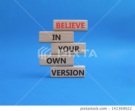 Own Vision symbol. Wooden blocks with words Manage and Believe in Your Own Vision. Beautiful blue background. Businessman hand. Business and Own Vision concept. Copy space Own Vision symbol. Wooden blocks with words Manage and Believe in Your Own Vision. Beautiful blue background. Businessman hand. Business and Own Vision concept. Copy space 141369022
