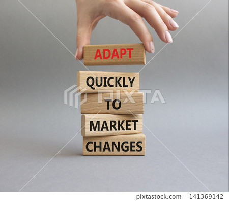 Market Changes symbol. Wooden blocks with words Manage and Adapt quickly to market changes. Businessman hand. Beautiful grey background. Businessman hand. Business and Market Changes concept. Copy Market Changes symbol. Wooden blocks with words Manage and Adapt quickly to market changes. Businessman hand. Beautiful grey background. Businessman hand. Business and Market Changes concept. Copy 141369142