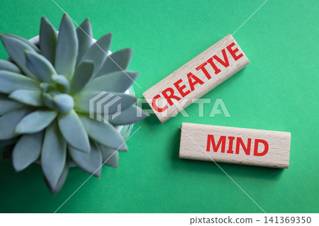 CREATIVE MIND symbol. Concept word CREATIVE MIND on wooden blocks. Beautiful green background with succulent plant. Business and CREATIVE MIND concept. Copy space 141369350