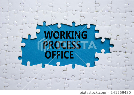 Working Process Office symbol. White puzzle with words Working Process Office. Beautiful blue background. Business concept. Copy space. Working Process Office symbol. White puzzle with words Working Process Office. Beautiful blue background. Business concept. Copy space. 141369420