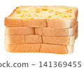 Four slices of toasted white bread stacked together with orange marmalade jam on top. High-quality studio food photography isolated for culinary and breakfast designs. 141369455