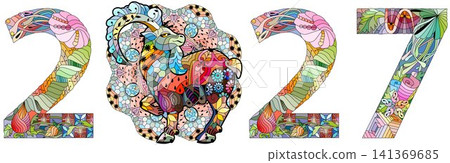 2027 number design with a goat pattern. Cute vector Illustration for decoration 2027 number design with a goat pattern. Cute vector Illustration for decoration 141369685