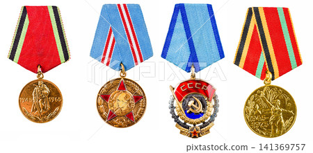 USSR awards: 20 and 30 Years of Victory, 50 Years Armed Forces, Order of Red Banner of Labour. Collection Set Collage Of Russian Soviet Medals For Participation In Second World War On White Isolated USSR awards: 20 and 30 Years of Victory, 50 Years Armed Forces, Order of Red Banner of Labour. Collection Set Collage Of Russian Soviet Medals For Participation In Second World War On White Isolated 141369757