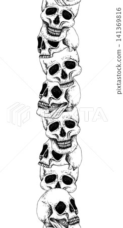Human skulls seamless vertical border. Graphic Vector illustration. Engraving isolated, Hand drawn style. Gothic, Punk design for Halloween decor, textile, packaging, stationary, clothing prints Human skulls seamless vertical border. Graphic Vector illustration. Engraving isolated, Hand drawn style. Gothic, Punk design for Halloween decor, textile, packaging, stationary, clothing prints 141369816