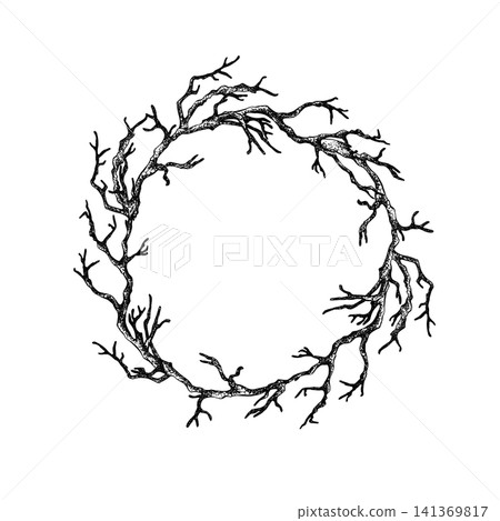 Hand drawn vector wreath dry branches and twigs in engraving style. Branch frame isolated with white background. Illustration for craft packaging, halloween design, cards with copy space 141369817