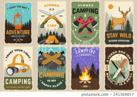 Vintage outdoor adventure badges and camping posters set, featuring tourist lantern, axes, hand saw, deer, headlamp, crossed paracord survival bracelets, campfire, and ferro rod with knife Vintage outdoor adventure badges and camping posters set, featuring tourist lantern, axes, hand saw, deer, headlamp, crossed paracord survival bracelets, campfire, and ferro rod with knife 141369857
