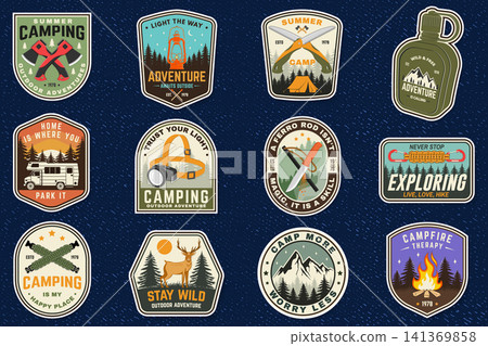 Vintage Camping Badge Set Vector, 12 Retro Camping Patches Collection, Outdoor Adventure Stickers Bundle Vector Illustration. Retro Camping Sticker. Vintage Camping Badge Set Vector, 12 Retro Camping Patches Collection, Outdoor Adventure Stickers Bundle Vector Illustration. Retro Camping Sticker. 141369858