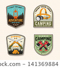 Vintage Camping Sticker Collection Vector Set. Outdoor Adventure Badge Pack with Lantern, Headlamp, Axe, Saw and Deer Designs Vintage Camping Sticker Collection Vector Set. Outdoor Adventure Badge Pack with Lantern, Headlamp, Axe, Saw and Deer Designs 141369884