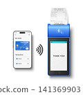 Vector 3d Blue NFC Payment Terminal with Smartphone Closeup. Approved Payment and Successful Transaction. Contactless Payment Machine Template, Bank Card Transaction POS Terminal 141369903