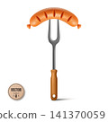 Vector 3d Sausage on Fork with Wooden Handle. Grilled Sausage, Barbecue Sausage Vector Isolated for BBQ Menu, Oktoberfest Design, Food Packaging, Butcher Labels, Cooking Concept 141370059