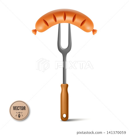 Vector 3d Sausage on Fork with Wooden Handle. Grilled Sausage, Barbecue Sausage Vector Isolated for BBQ Menu, Oktoberfest Design, Food Packaging, Butcher Labels, Cooking Concept Vector 3d Sausage on Fork with Wooden Handle. Grilled Sausage, Barbecue Sausage Vector Isolated for BBQ Menu, Oktoberfest Design, Food Packaging, Butcher Labels, Cooking Concept 141370059