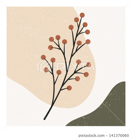 Botanical Branch Wall Art, Vector Illustration. Minimal Berry Branch. Boho Botanical Print with Abstract Shapes for Home Decor, Interior Design Botanical Branch Wall Art, Vector Illustration. Minimal Berry Branch. Boho Botanical Print with Abstract Shapes for Home Decor, Interior Design 141370060