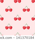 Cherry Seamless Pattern Vector Illustration. Cute Red Cherries on Pink Background. Sweet Fruit Repeat Print for Textile Packaging and Girly Surface Design 141370184