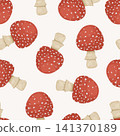 Amanita Mushroom Pattern, Vector Illustration. Red Toadstool Seamless Pattern. Cute Forest Mushroom Background for Autumn, Woodland, Fabric, Wrapping Paper. Botanical Design 141370189