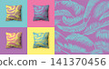 Set of seamless patterns with palm leaves in pastel colors. Vector patterns for wallpaper, wrapping paper, textiles, fabrics, backgrounds. Pillows with seamless pattern of palm branches. 141370456