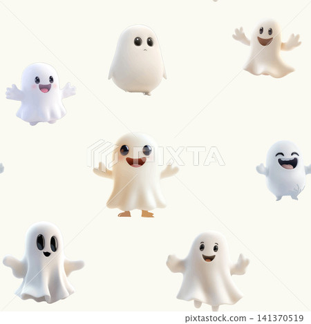 Cute white cartoon ghosts seamless pattern on background. Cute white cartoon ghosts seamless pattern on background. 141370519