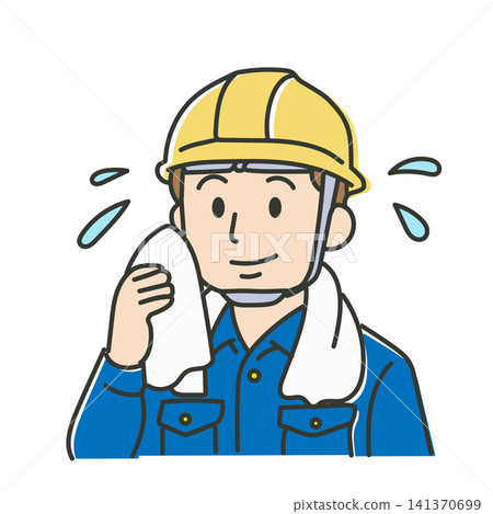 An illustration of a worker taking a break at a construction site or factory, wiping away sweat. An illustration of a worker taking a break at a construction site or factory, wiping away sweat. 141370699