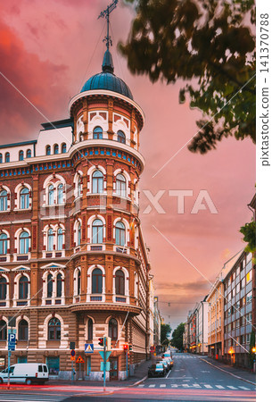 HELSINKI, FINLAND. Evening view of Kirkkokatu street in Helsinki. Evening view of Kirkkokatu street in Helsinki, Finland. HELSINKI, FINLAND. Evening view of Kirkkokatu street in Helsinki. Evening view of Kirkkokatu street in Helsinki, Finland. 141370788