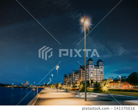 Bjorvika waterfront promenade at night in Oslo Bjorvika waterfront promenade at night in Oslo 141370818