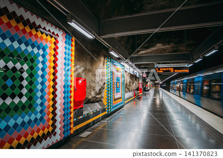 Colorful diamond mosaic tile wall at Hallonbergen metro station, Stockholm Colorful diamond mosaic tile wall at Hallonbergen metro station, Stockholm 141370823